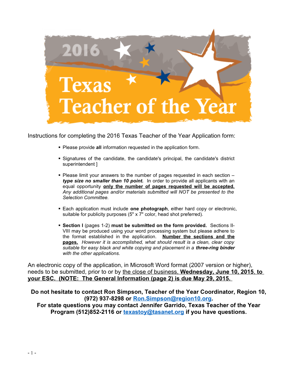 Instructions for Completing the 2016Texas Teacher of the Year Application Form