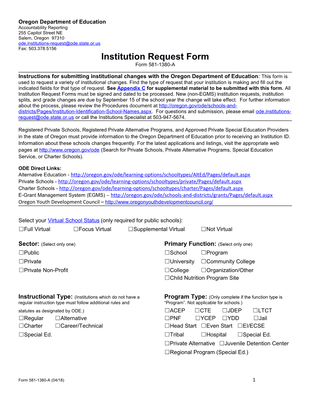 Institution Request Form 581-1380-A