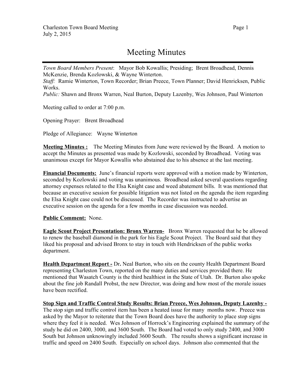 Charleston Town Board Meeting Page 1