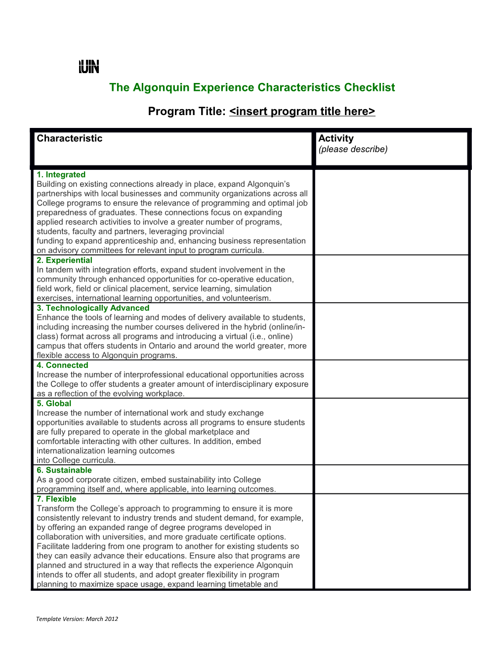 The Algonquin Experience Characteristics Checklist