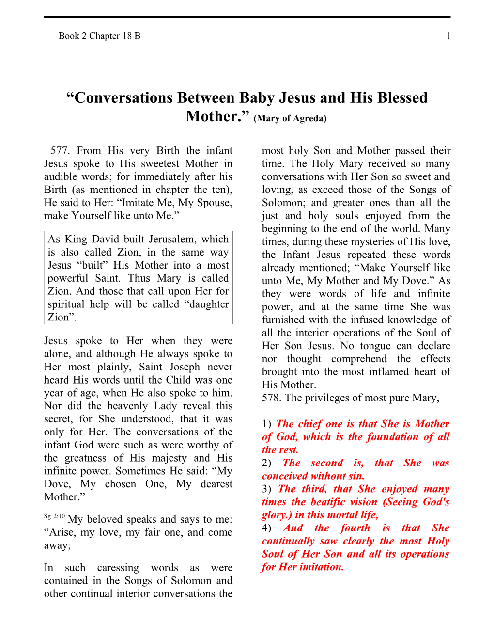 Conversations Between Baby Jesus and His Blessed Mother. (Mary of Agreda)