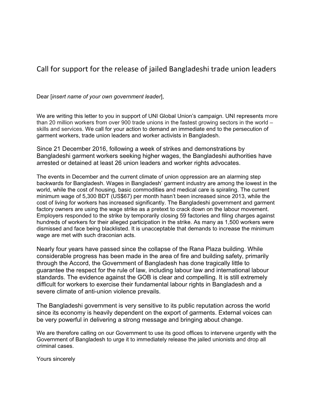 Call for Support for the Release of Jailed Bangladeshi Trade Union Leaders