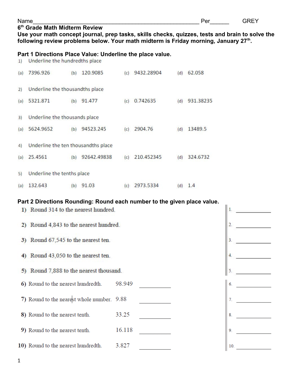 6Th Grade Math Midterm Review