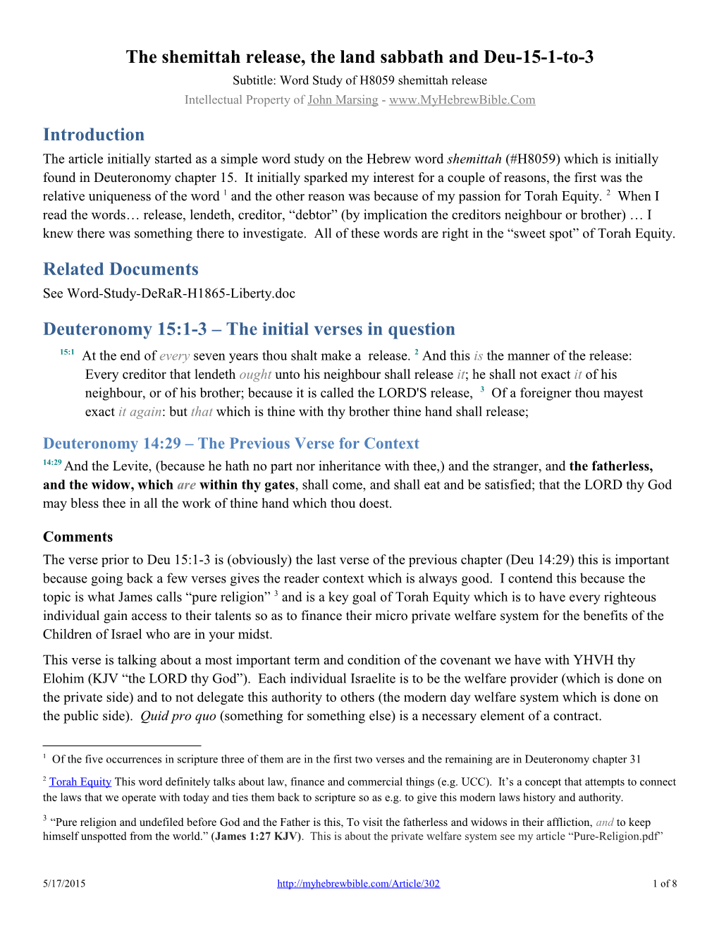 The Shemittah Release, the Land Sabbath and Deu-15-1-To-3