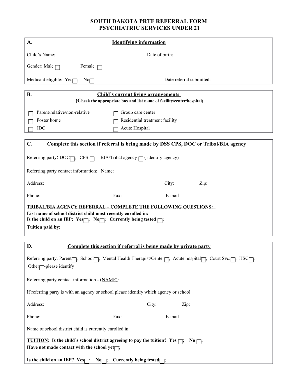 South Dakota Prtf Referral Form