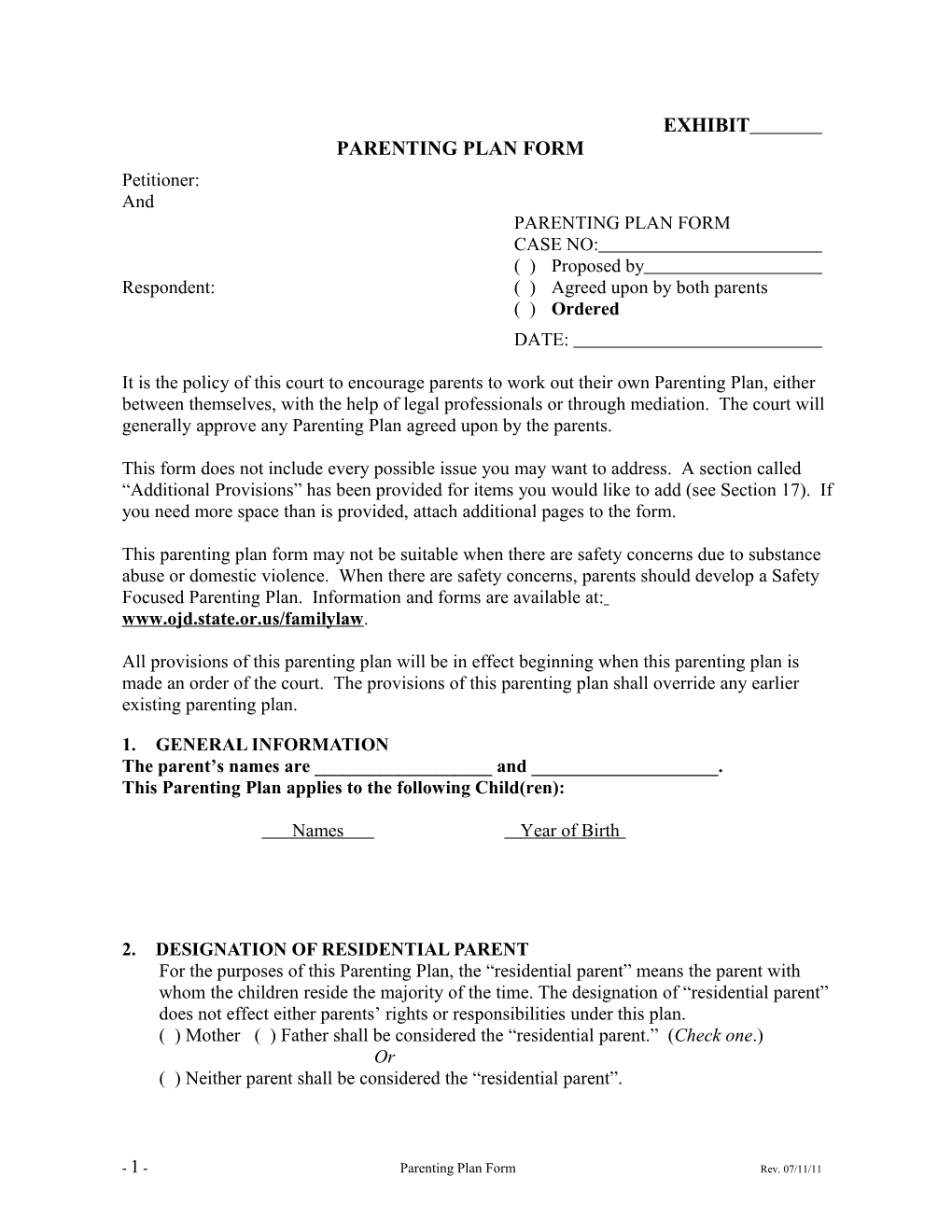 And PARENTING PLAN FORM