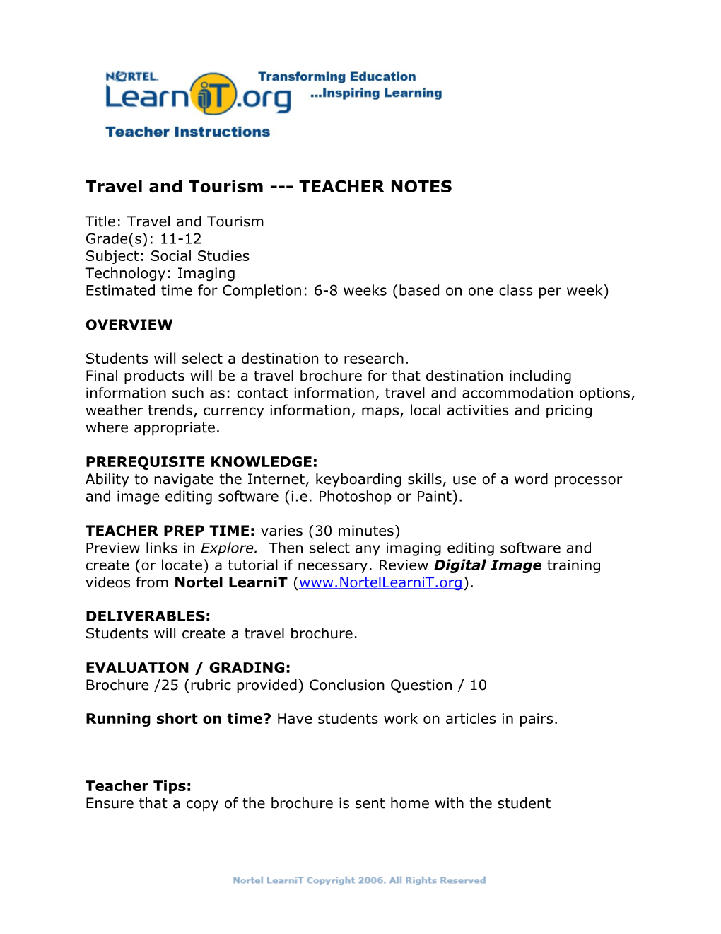Travel and Tourism TEACHER NOTES