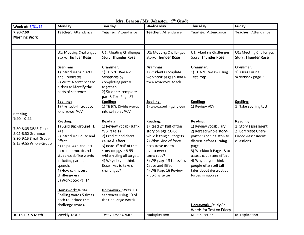 Mrs. Beason / Mr. Johnston 5Th Grade