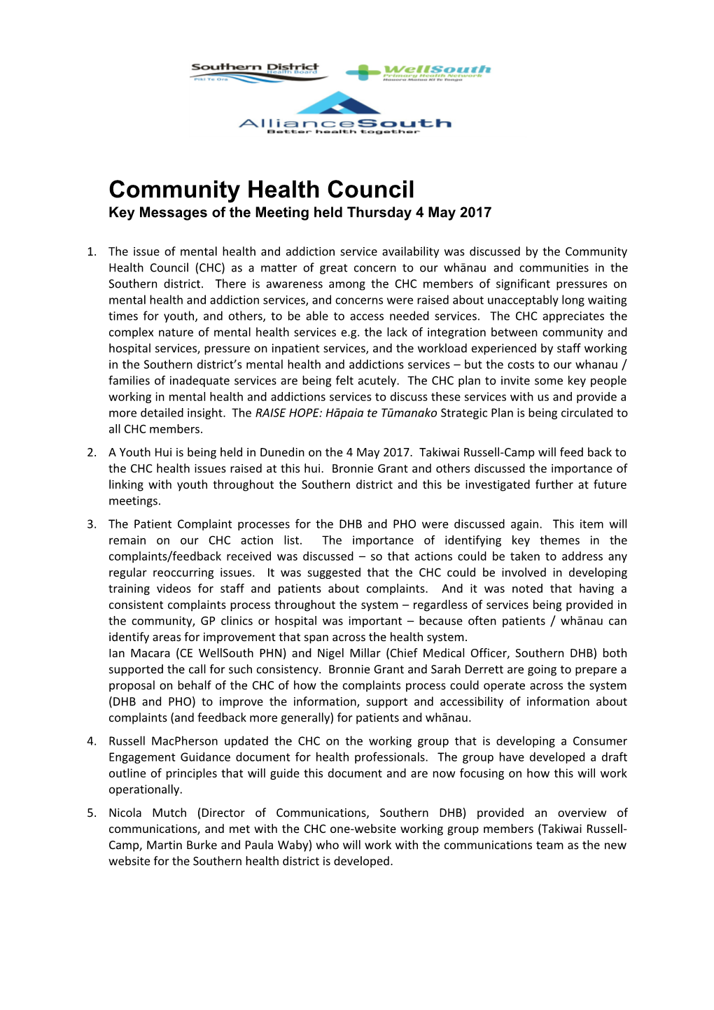 Community Health Council Key Messagesof the Meeting Heldthursday 4 May 2017