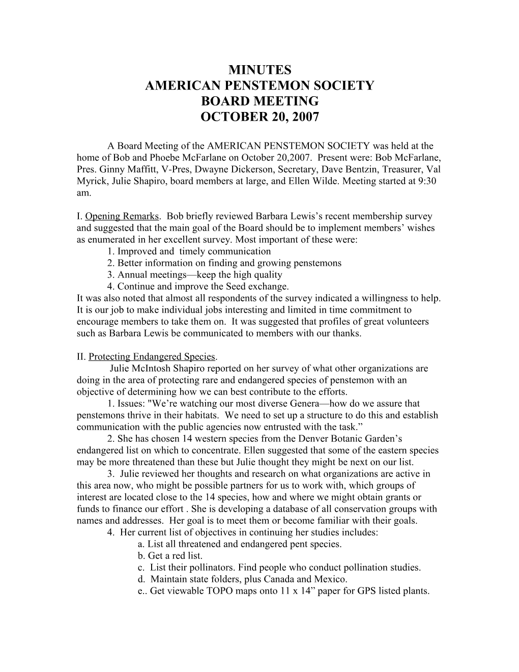 AMERICAN PENSTEMON SOCIETY Board Meeting Notes: October 20,2007