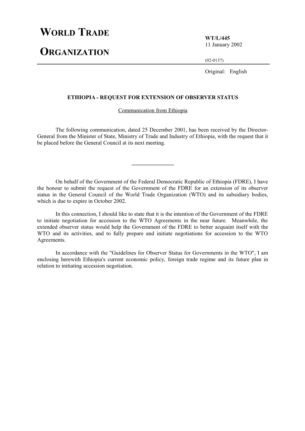 Ethiopia - Request for Extension of Observer Status