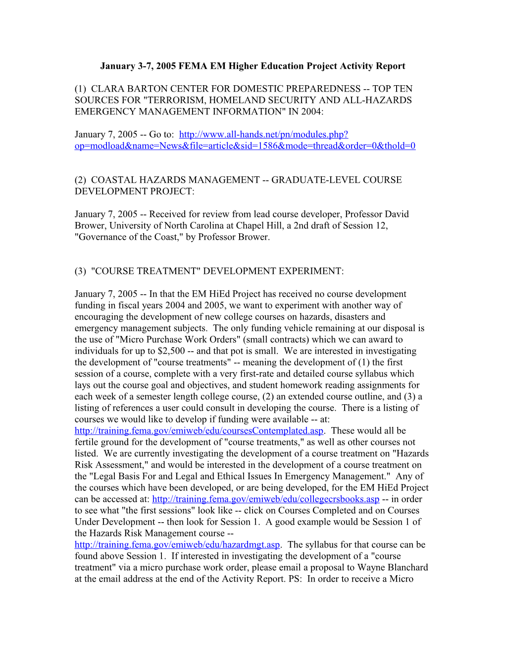 January 3-7, 2005 FEMA EM Higher Education Project Activity Report