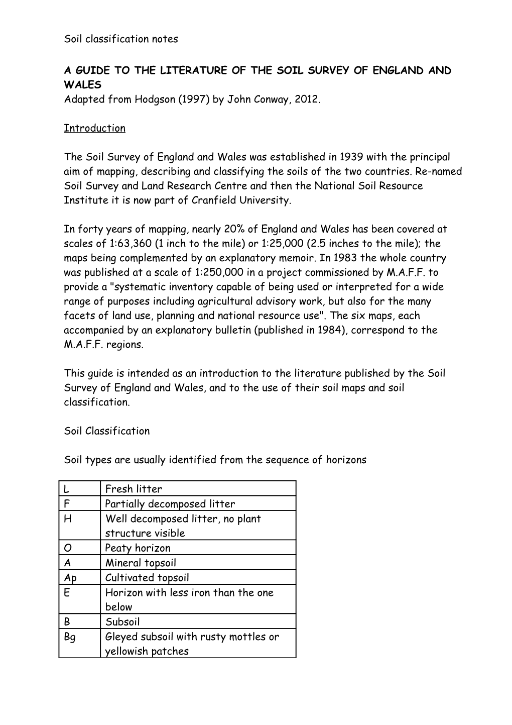 A Guide to the Literature of the Soil Survey of England and Wales