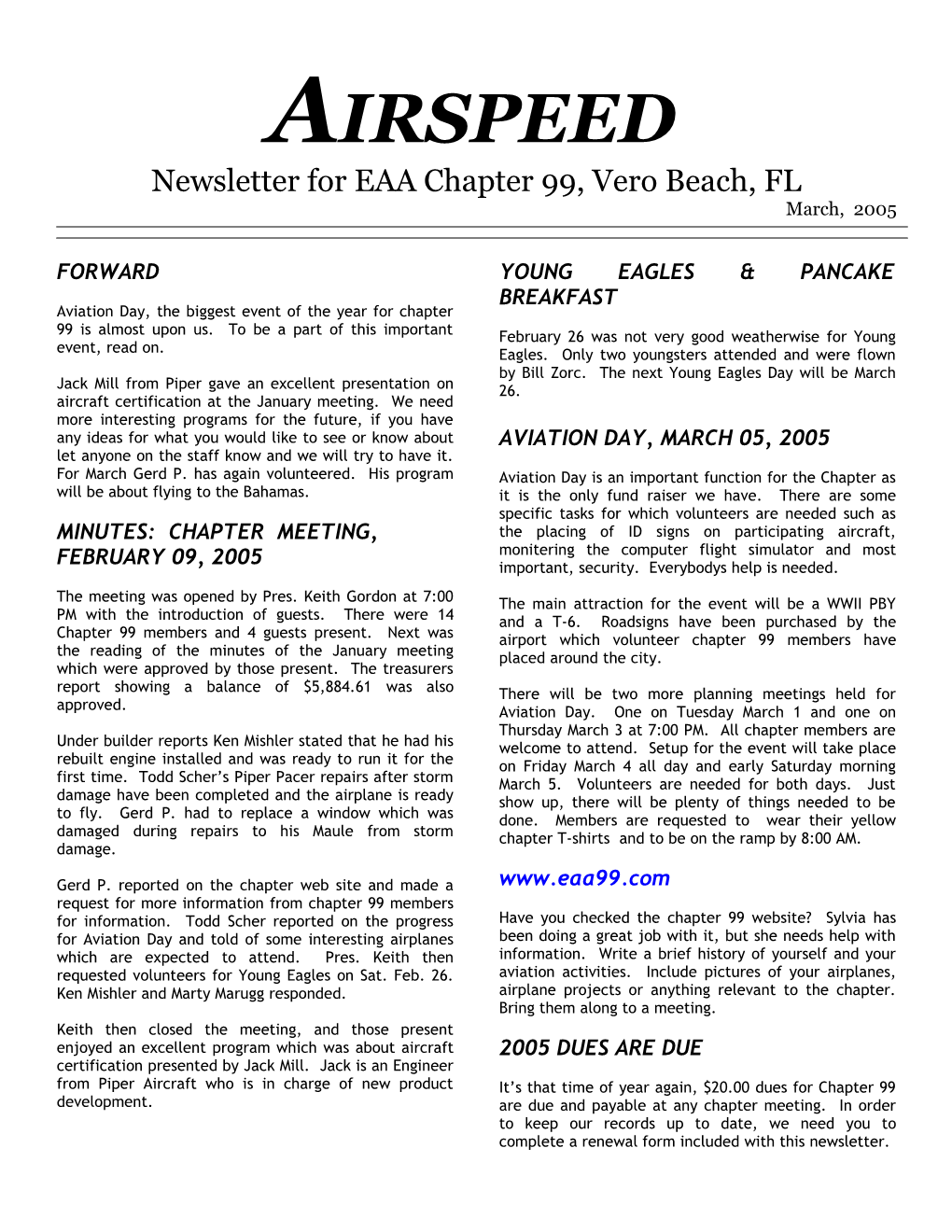 Newsletter for EAA Chapter 99, Vero Beach, FL