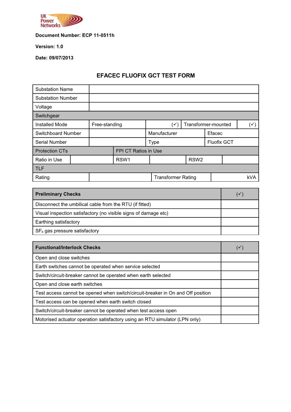 ECP 11-0511H Efacec Fluofix GCT Test Form