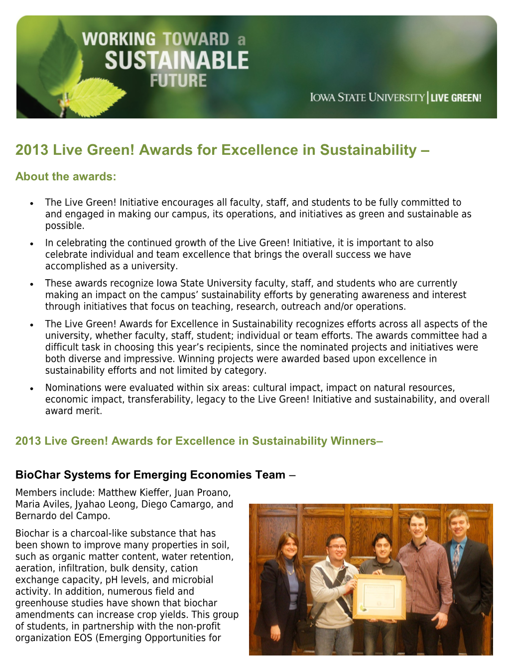 2013 Live Green! Awards for Excellence in Sustainability