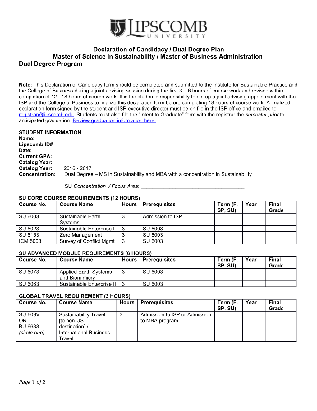 Declaration of Candidacy/ Dual Degree Plan