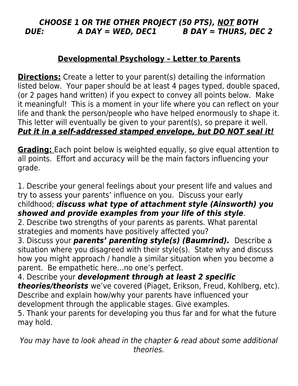 Developmental Psychology Letter to Parents