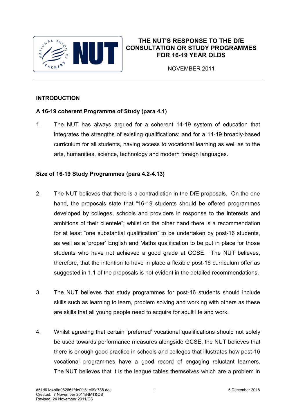 A 16-19 Coherent Programme of Study (Para 4.1)