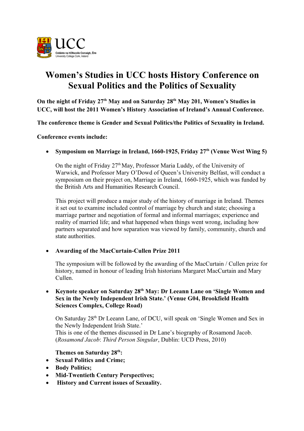 Women S Studies in UCC Hosts History Conference on Sexual Politics and the Politics Of
