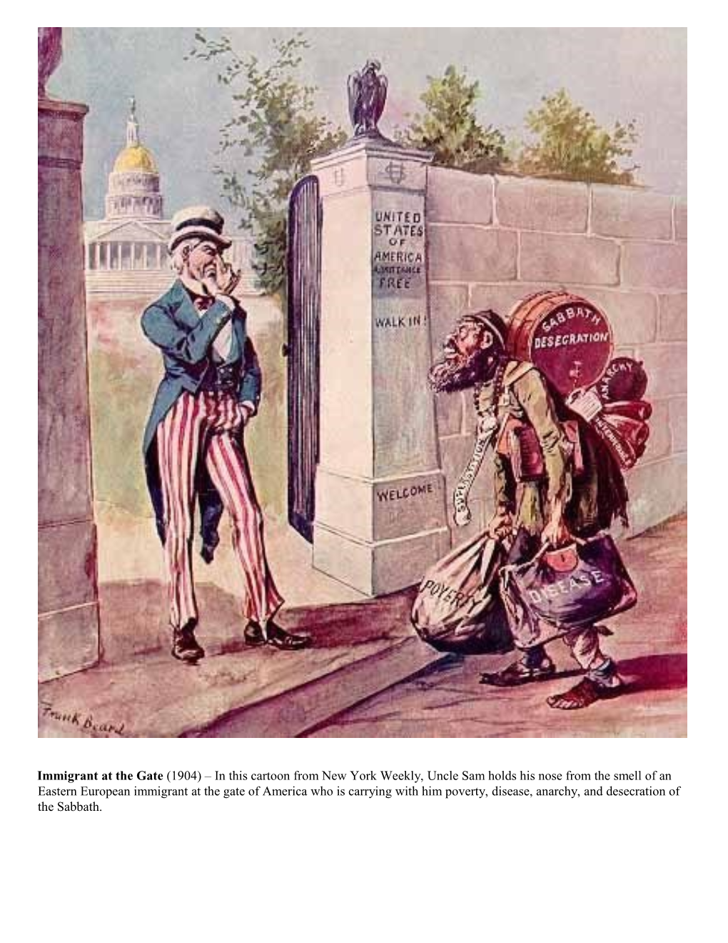 Immigrant at the Gate (1904) in This Cartoon from New York Weekly, Uncle Sam Holds His
