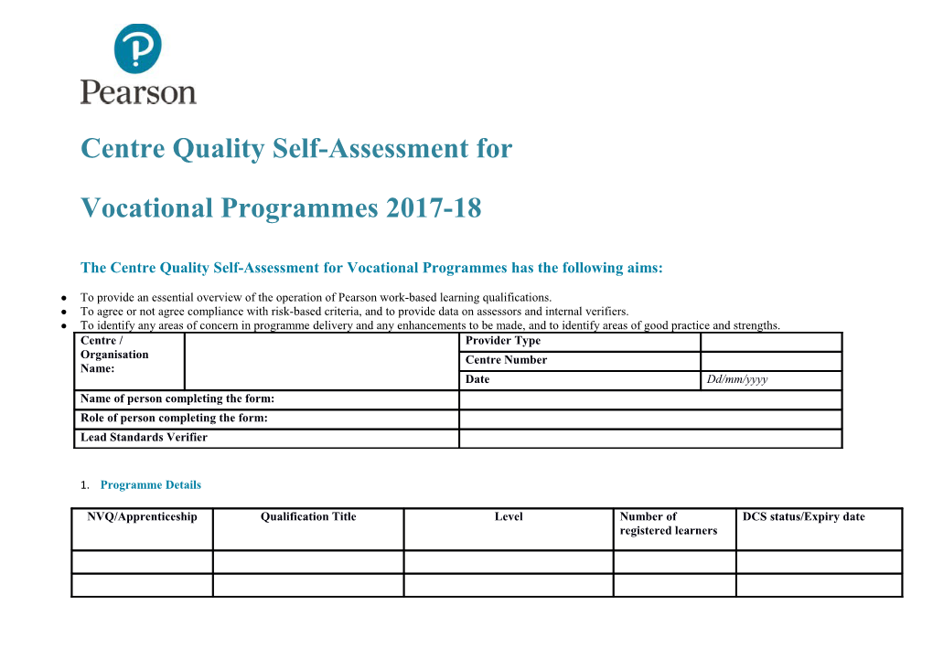 Centre Quality Self-Assessment For