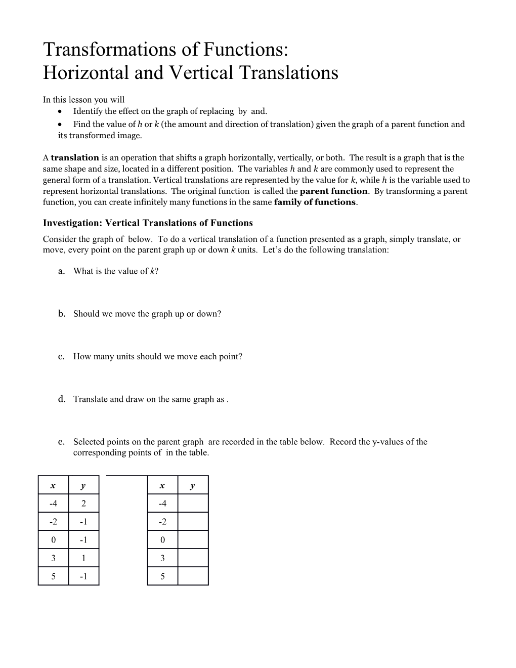 Horizontal and Vertical Translations