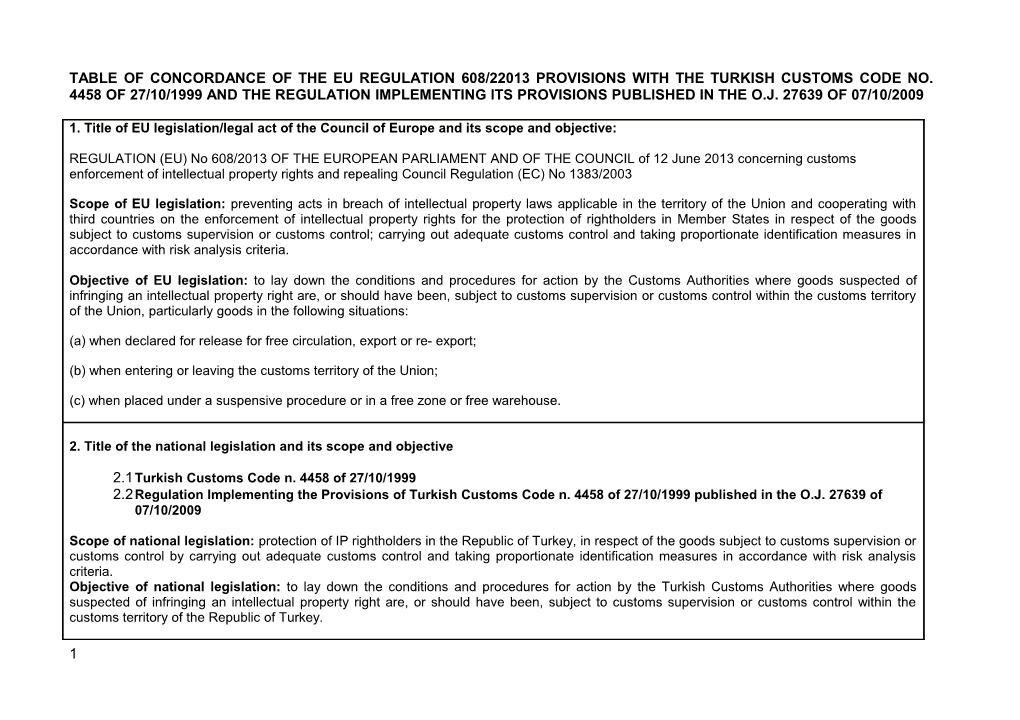 Table of Concordance of the Eu Regulation 608/22013 Provisions Withthe Turkish Customs