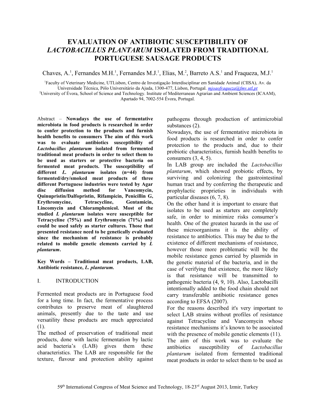 Format of Short Papers for the 58Th International Congress of Meat Science and Technology