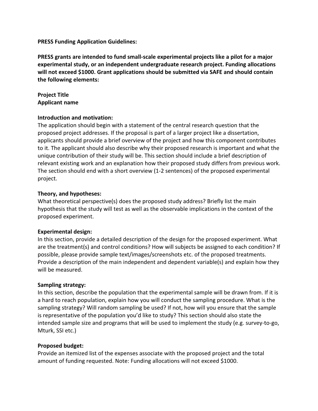 PRESS Funding Application Guidelines