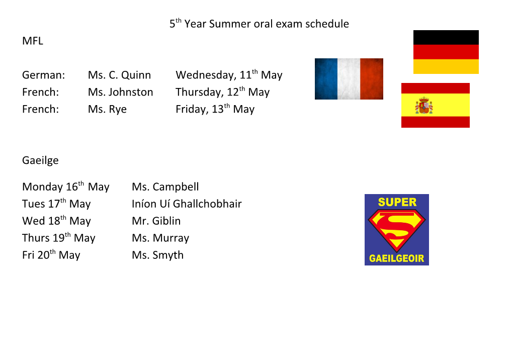 5Th Year Summer Oral Exam Schedule