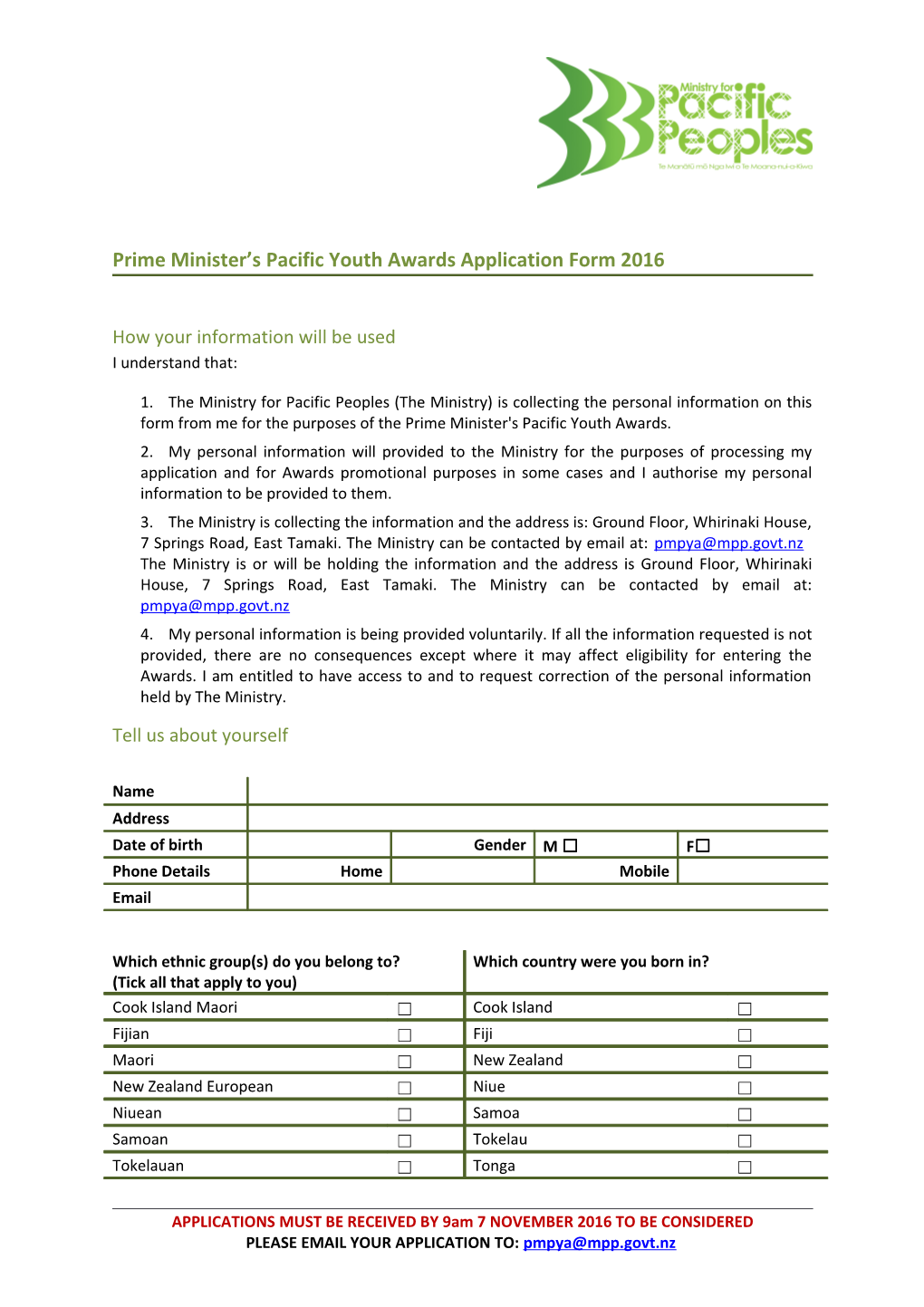 Prime Minister S Pacific Youth Awards Application Form 2016
