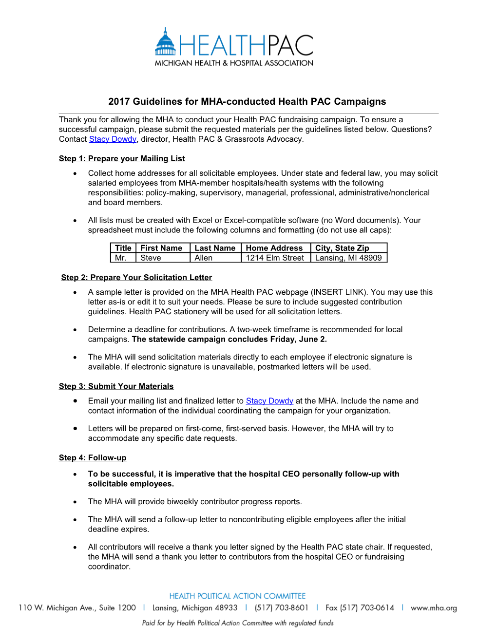 2006 HEALTH PAC Mailing Service Guidelines