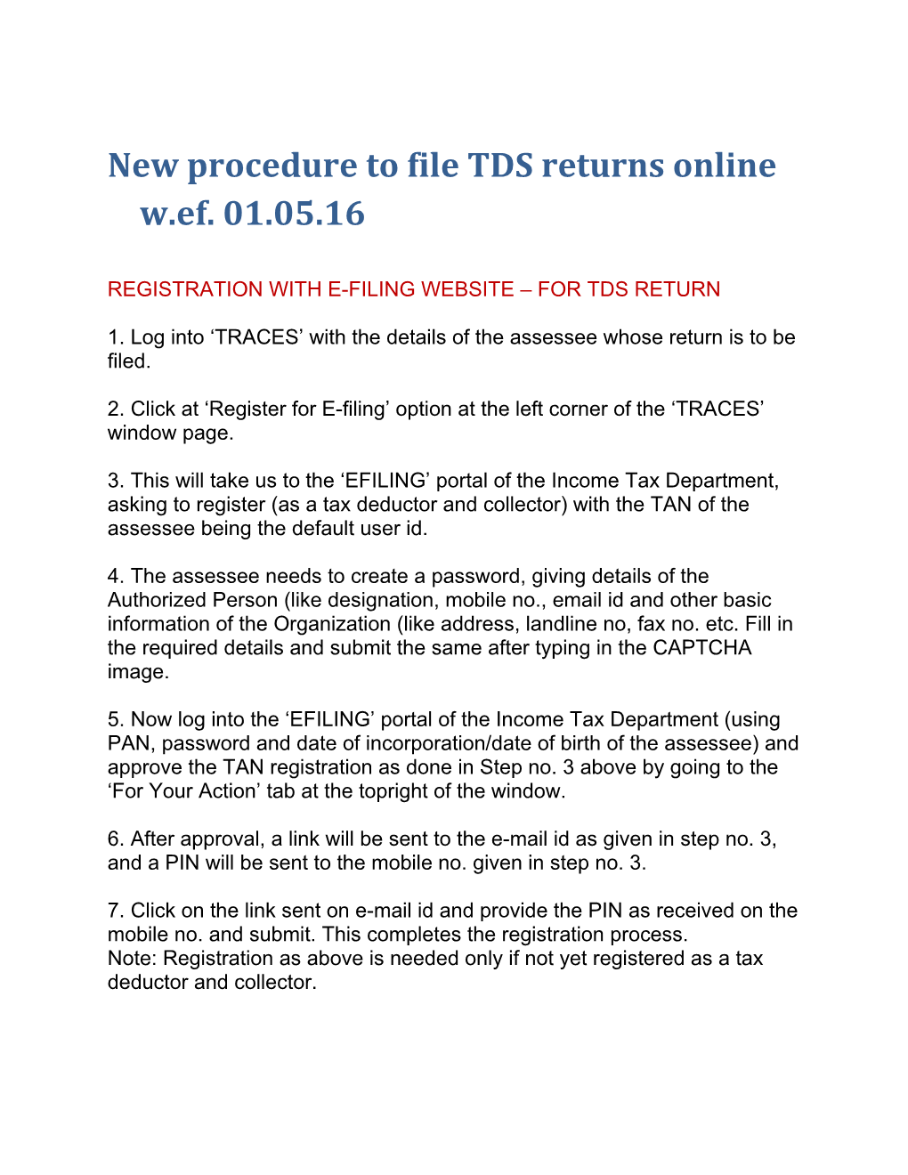 New Procedure to File TDS Returns Online W.Ef. 01.05.16