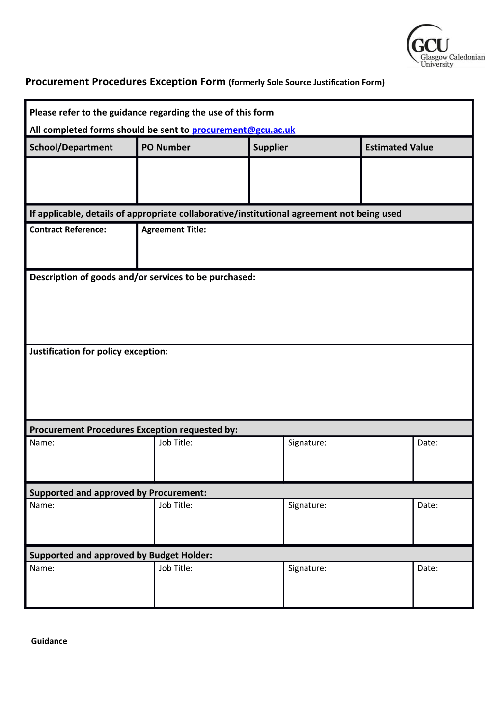 Procurement Procedures Exception Form(Formerly Sole Source Justification Form)