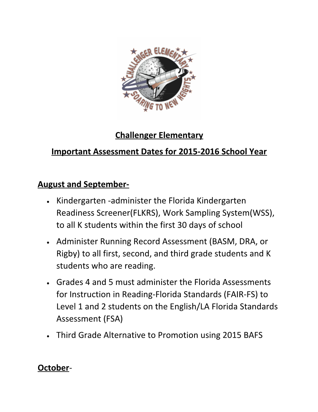 Important Assessment Dates for 2015-2016 School Year