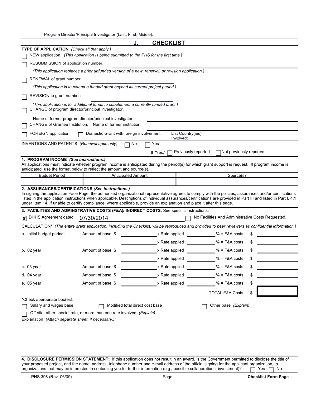 PHS 398 (Rev. 11/07), Checklist Form Page