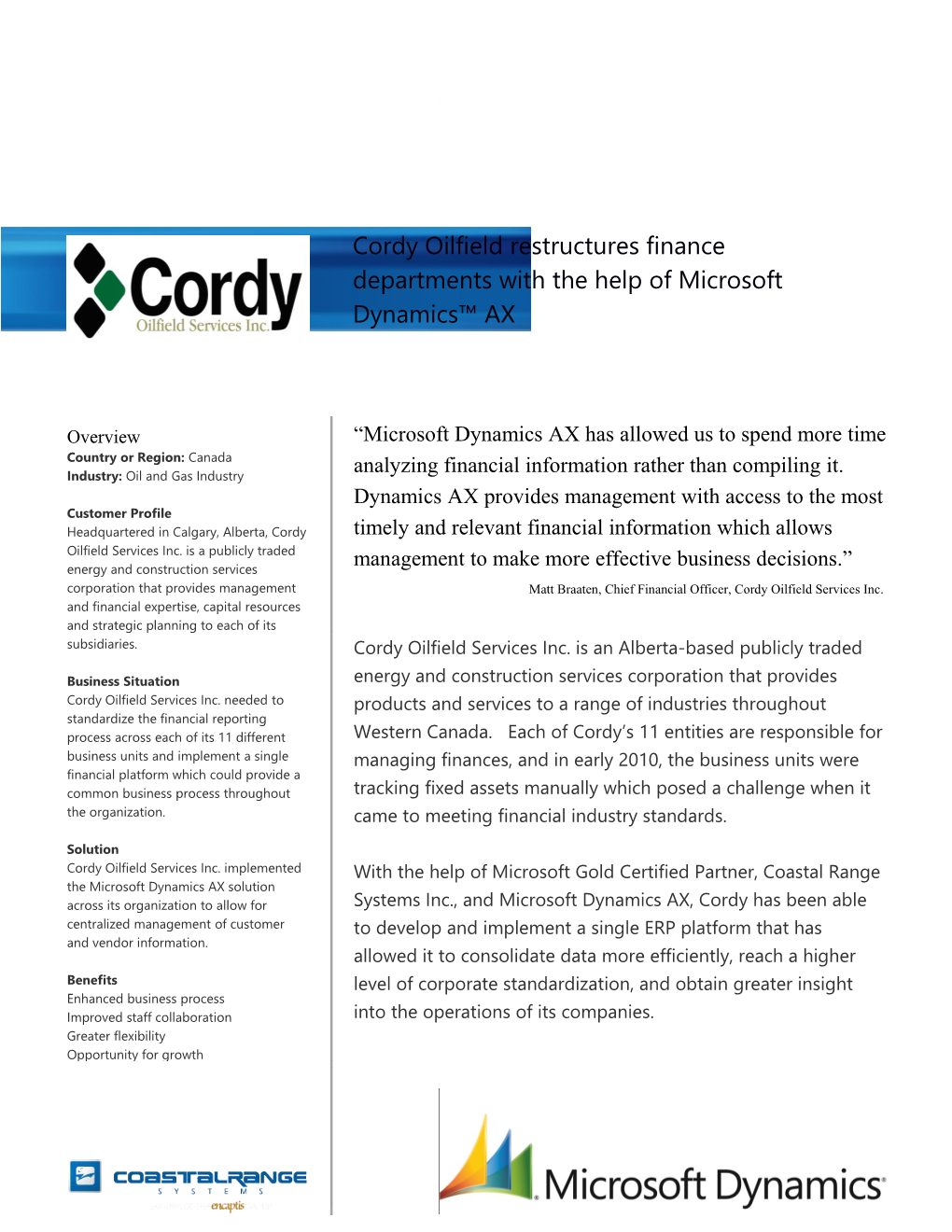 Metia CEP Cordy Oilfield Restructures Finance Departments with the Help of Microsoft Dynamics