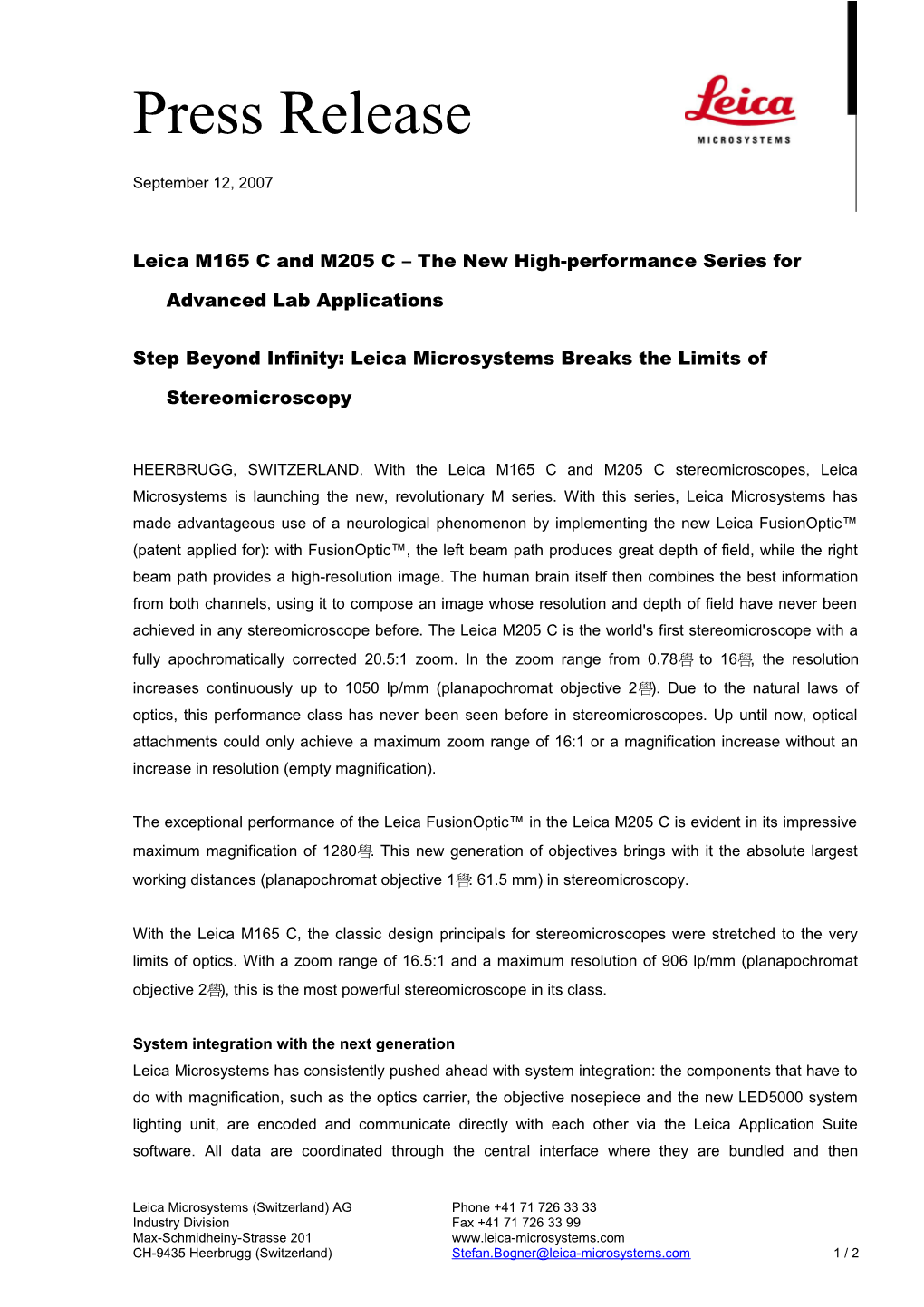 Leica M165 C and M205 C the New High-Performance Series for Advanced Lab Applications