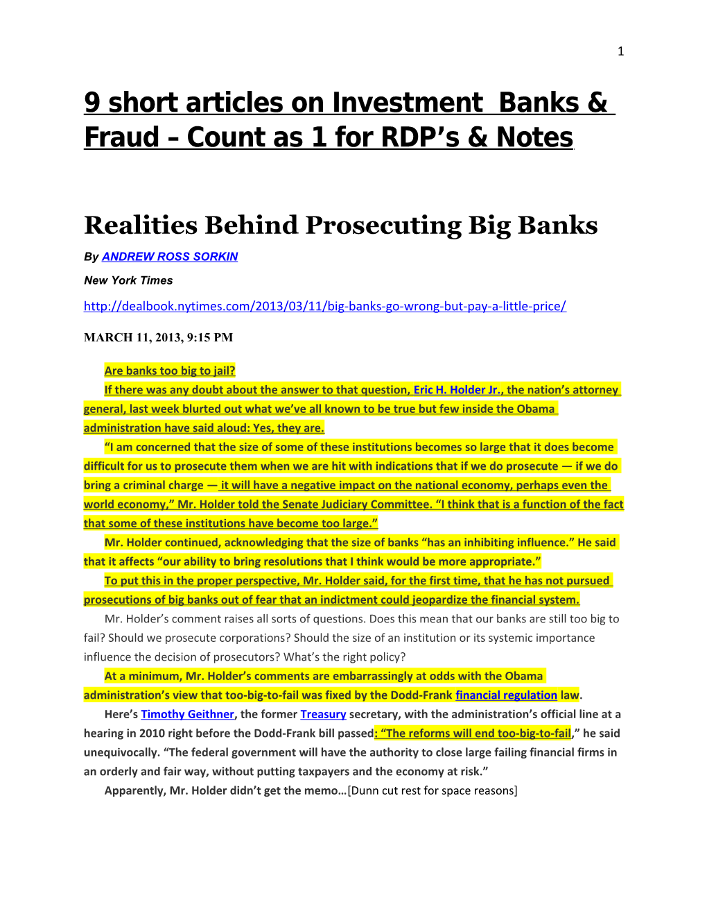 9Short Articles on Investment Banks & Fraud Count As 1 for RDP S & Notes