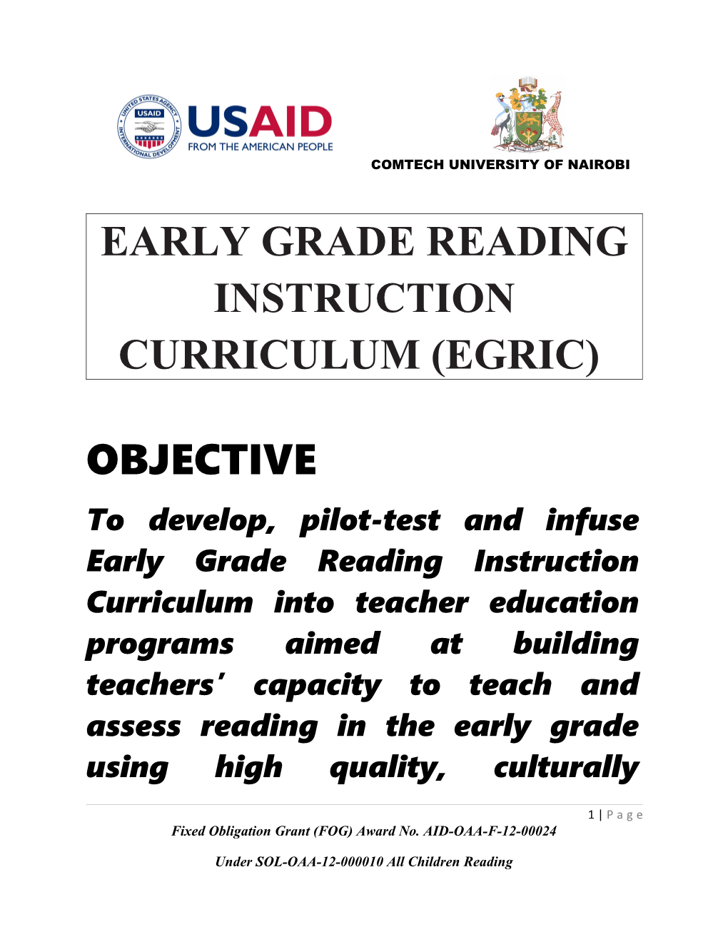 Early Grade Reading Instruction Curriculum (Egric)