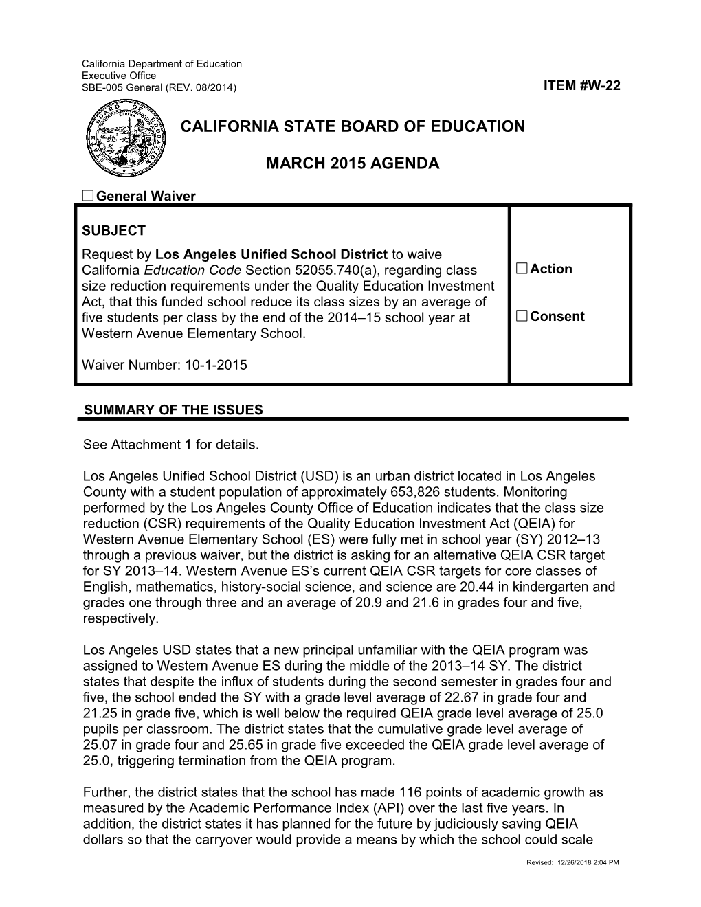 March 2015 Waiver Item W-22 - Meeting Agendas (CA State Board of Education)
