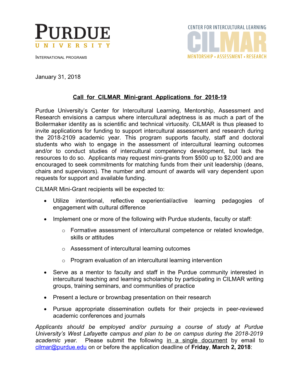 Call for CILMAR Mini-Grant Applications for 2018-19