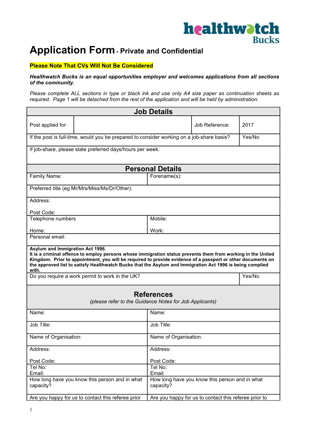 Application Form- Private and Confidential