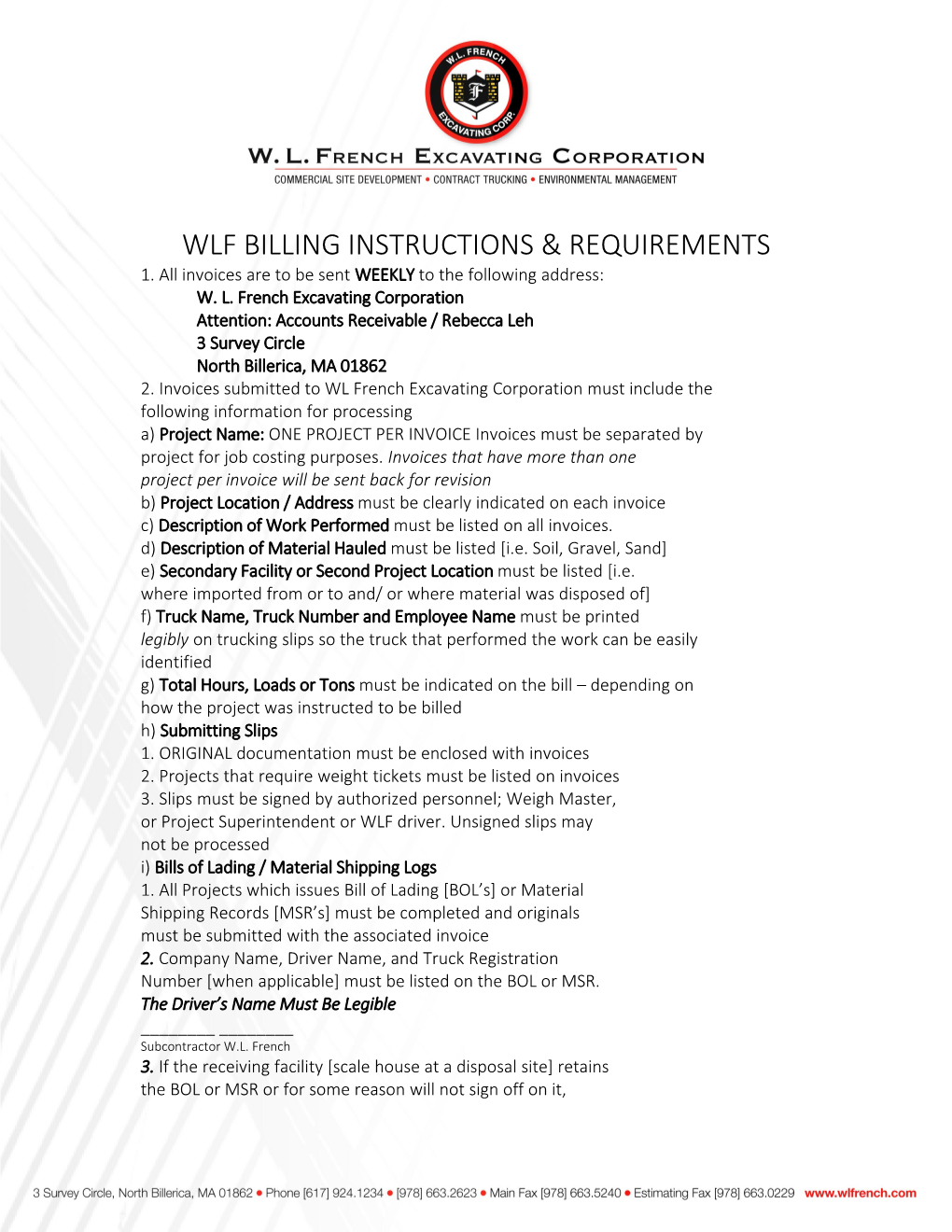 Wlf Billing Instructions & Requirements