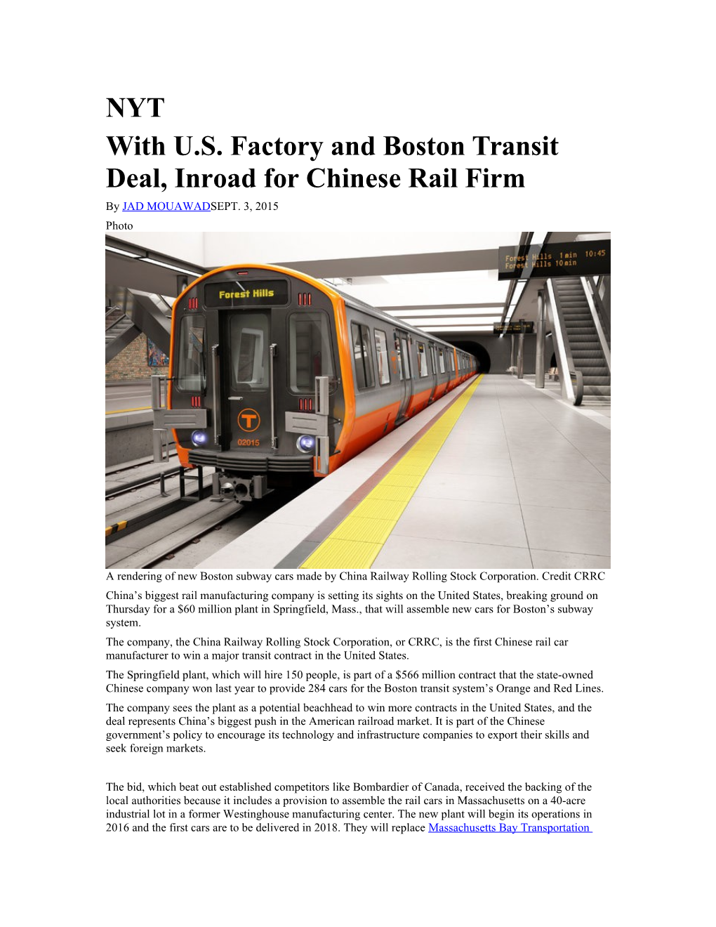 With U.S. Factory and Boston Transit Deal, Inroad for Chinese Rail Firm