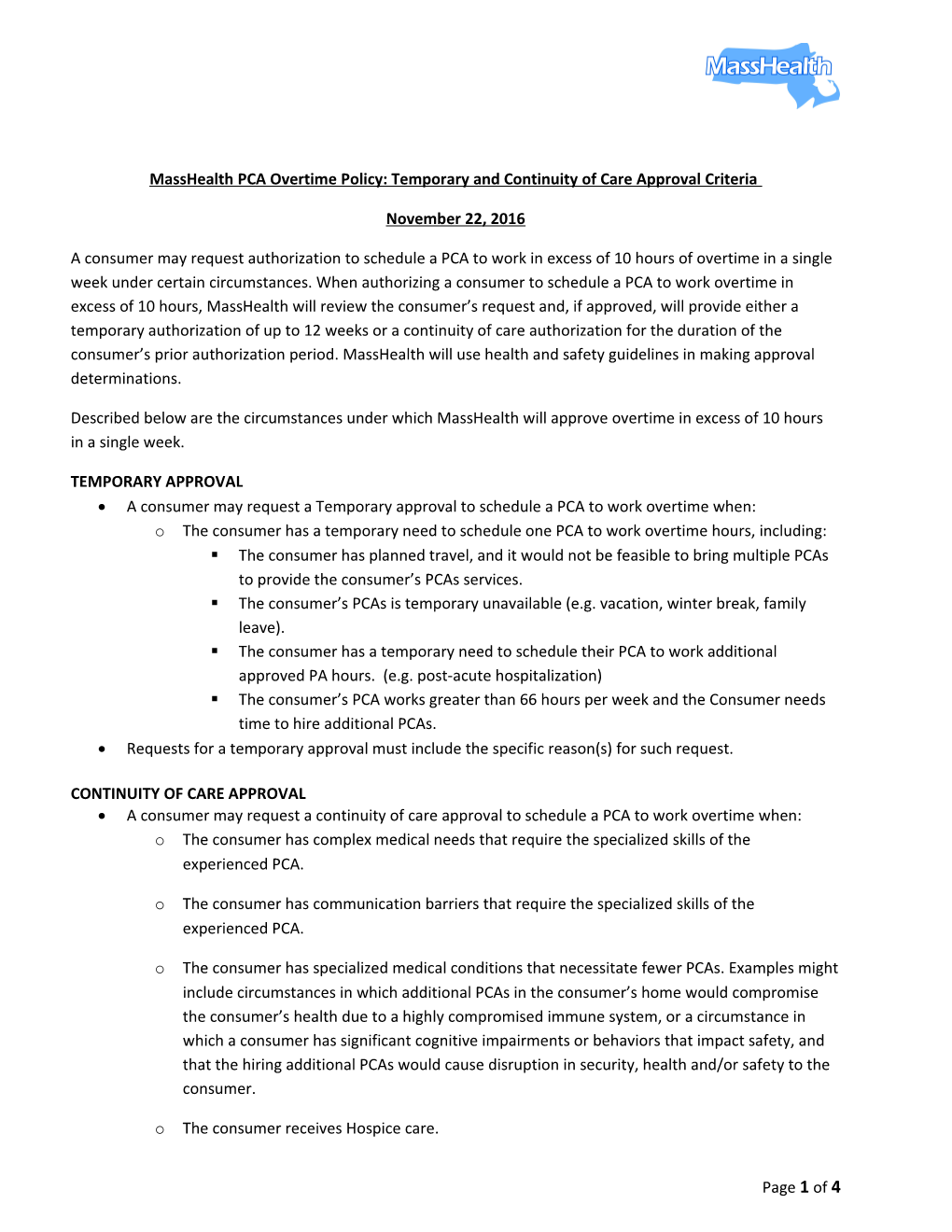 Masshealth PCA Overtime Policy: Temporary and Continuity of Care Approval Criteria