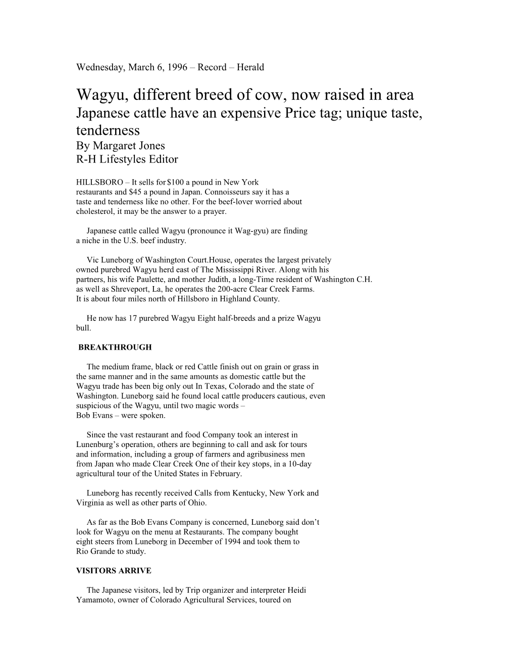 Wagyu, Different Breed of Cow, Now Raised in Area