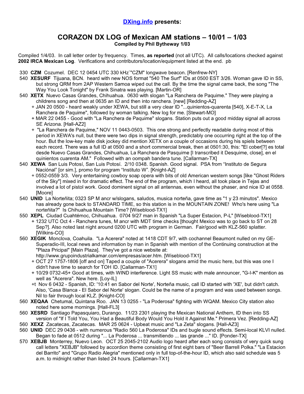 CORAZON DX LOG of Mexican AM Stations 10/01 1/03