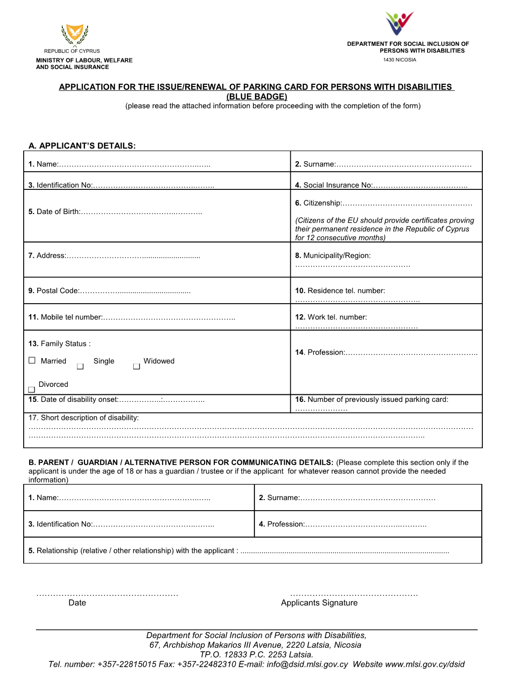 Application for the Issue/Renewal of Parking Card for Persons with Disabilities